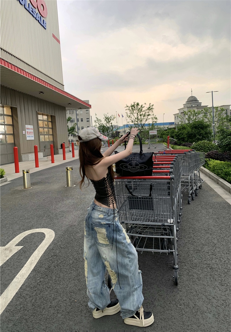 Sling hollow loose jeans PU wide leg tops a set