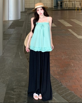 Wide leg lace tops wood ear vest 2pcs set for women