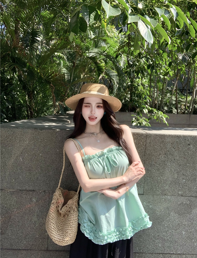 Wide leg lace tops wood ear vest 2pcs set for women