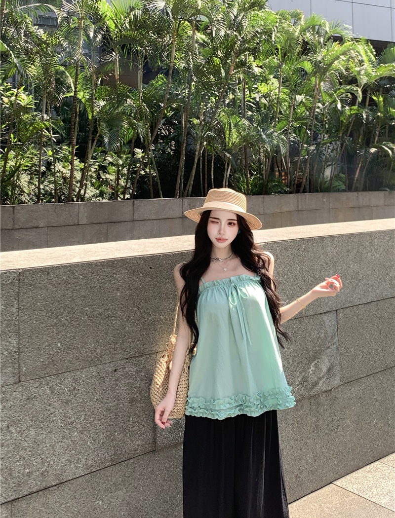 Wide leg lace tops wood ear vest 2pcs set for women