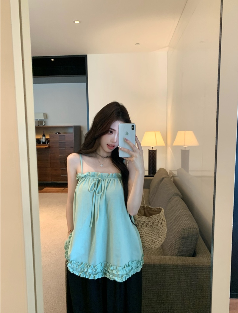 Wide leg lace tops wood ear vest 2pcs set for women