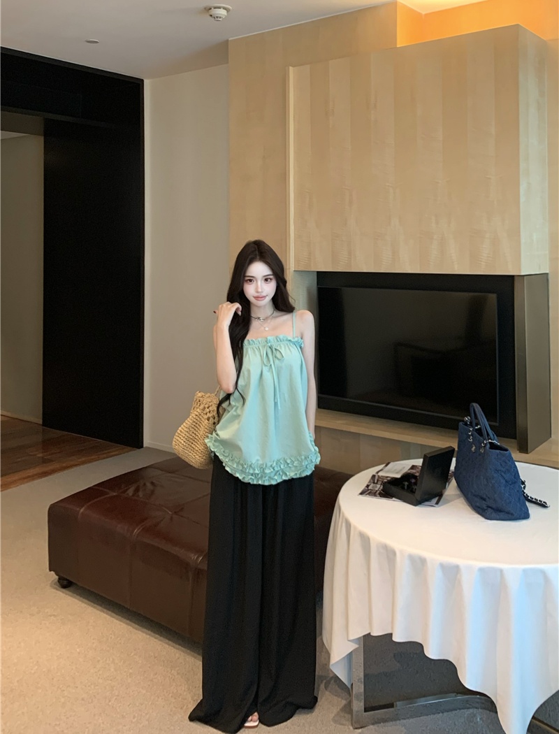 Wide leg lace tops wood ear vest 2pcs set for women