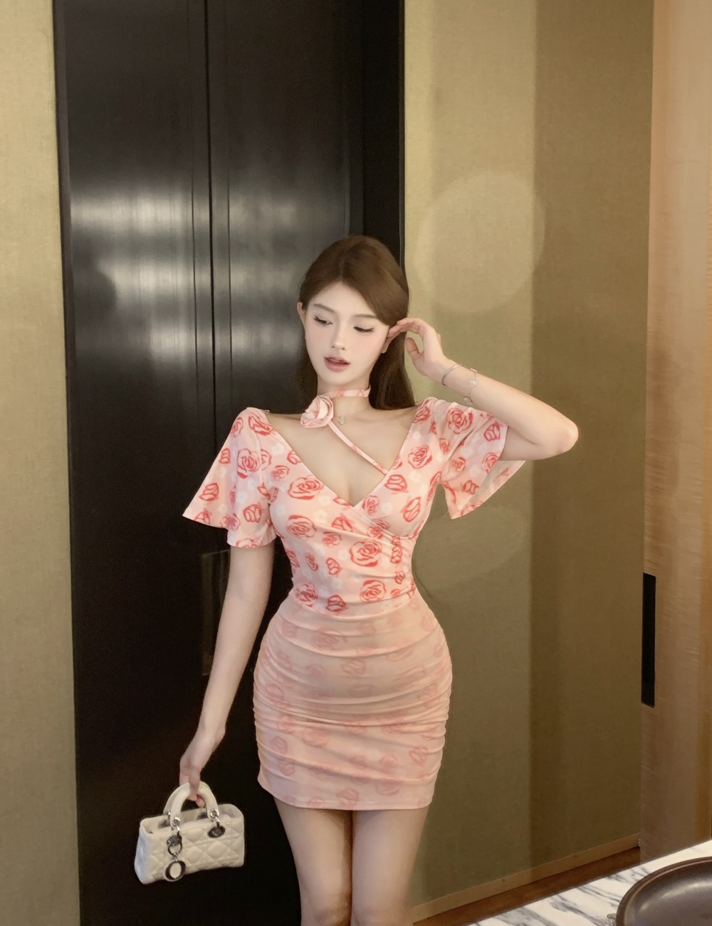 Printing flowers V-neck tight spicegirl sexy dress