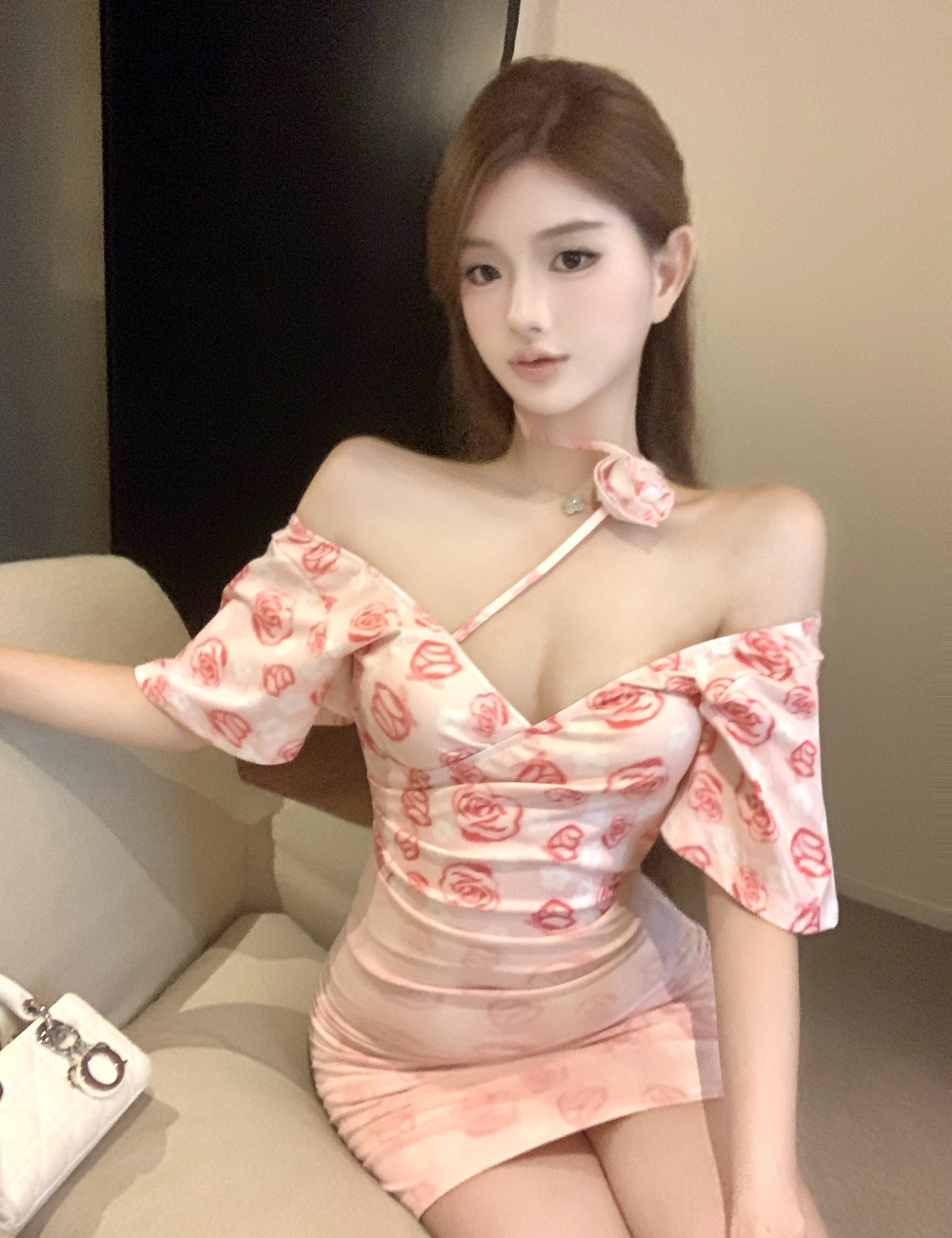 Printing flowers V-neck tight spicegirl sexy dress