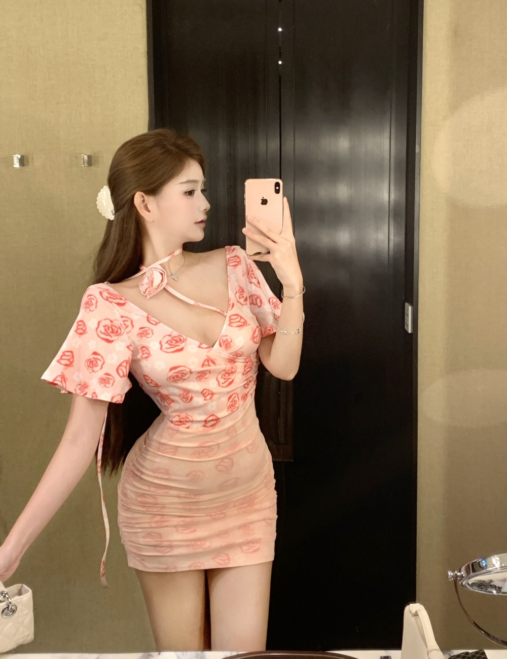 Printing flowers V-neck tight spicegirl sexy dress