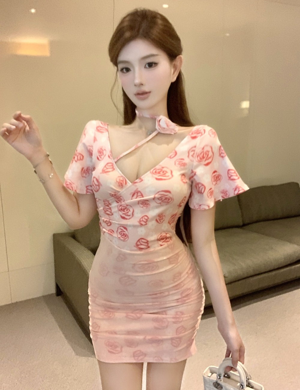 Printing flowers V-neck tight spicegirl sexy dress