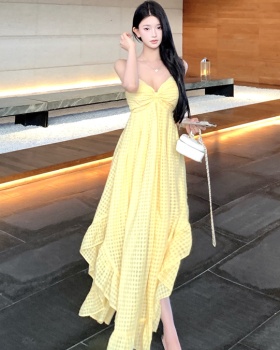Vacation yellow long dress plaid island flair dress
