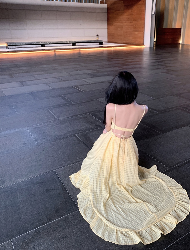 Vacation yellow long dress plaid island flair dress