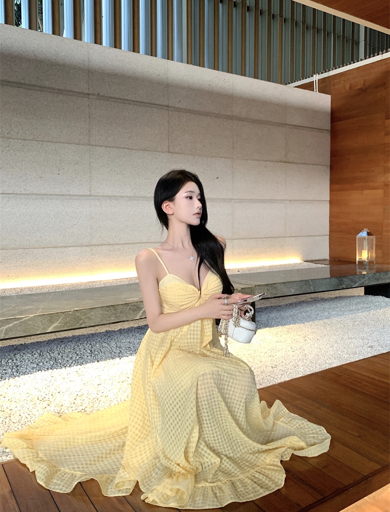 Vacation yellow long dress plaid island flair dress