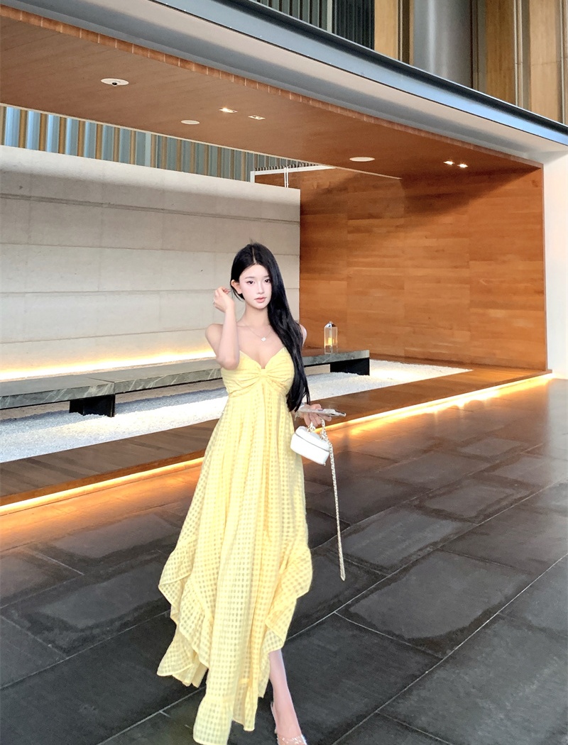 Vacation yellow long dress plaid island flair dress
