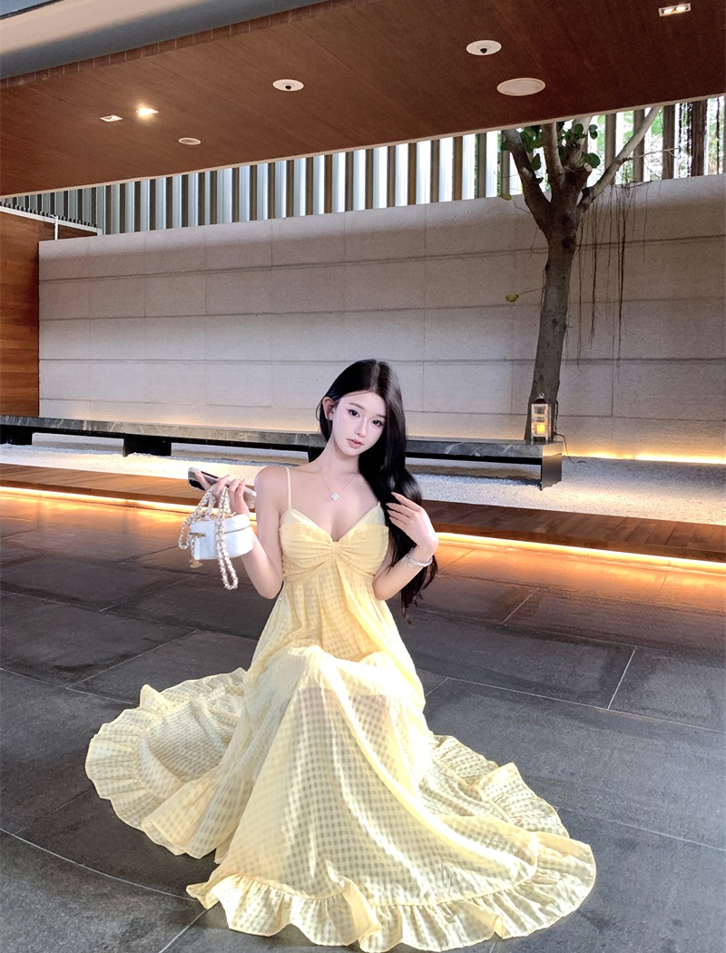 Vacation yellow long dress plaid island flair dress
