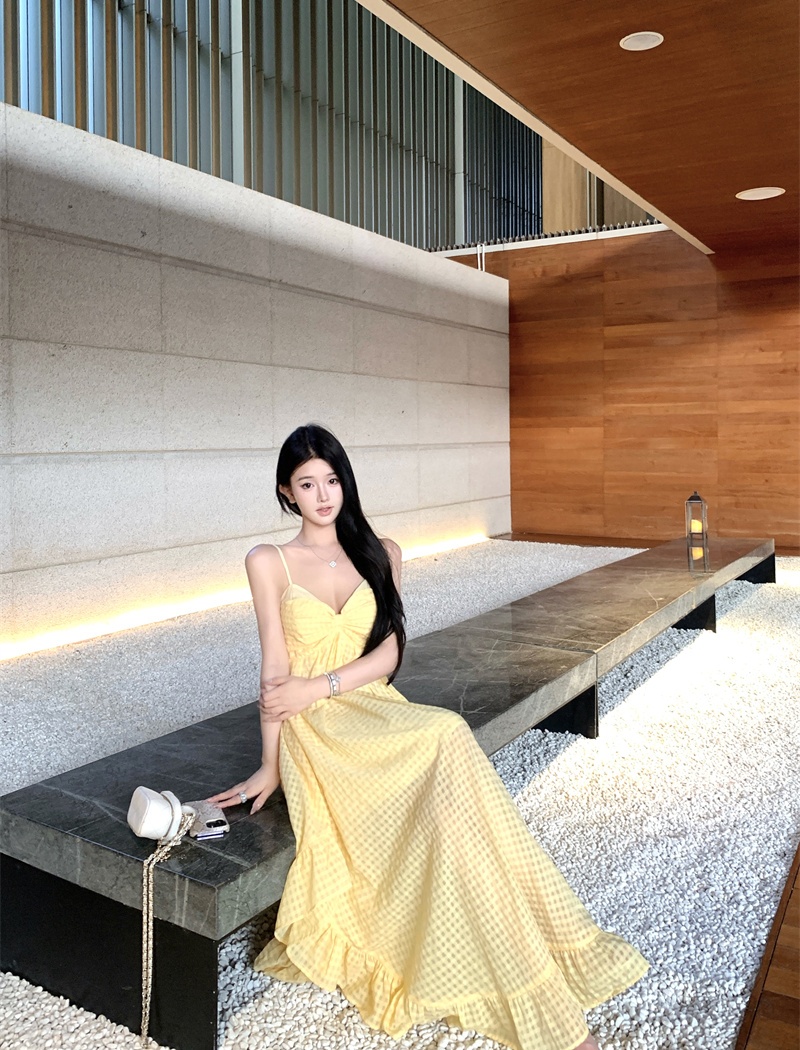 Vacation yellow long dress plaid island flair dress