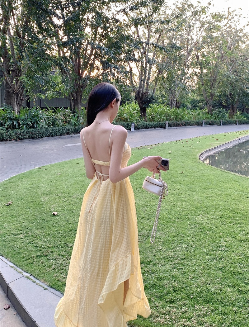 Vacation yellow long dress plaid island flair dress