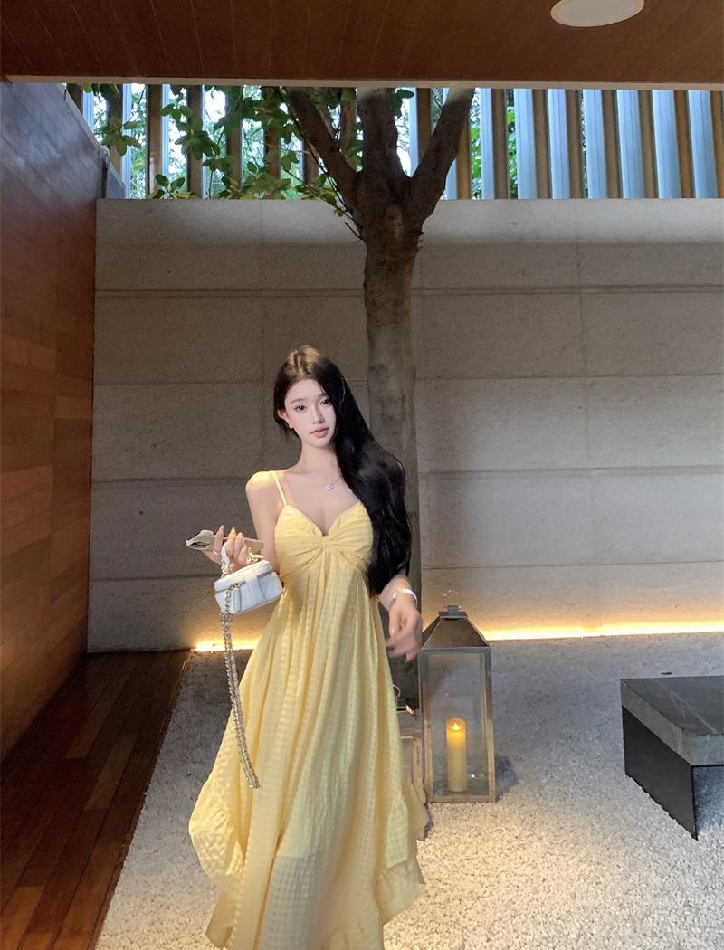 Vacation yellow long dress plaid island flair dress