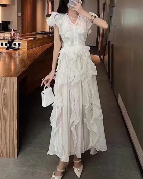 Lotus leaf edges V-neck long dress France style dress