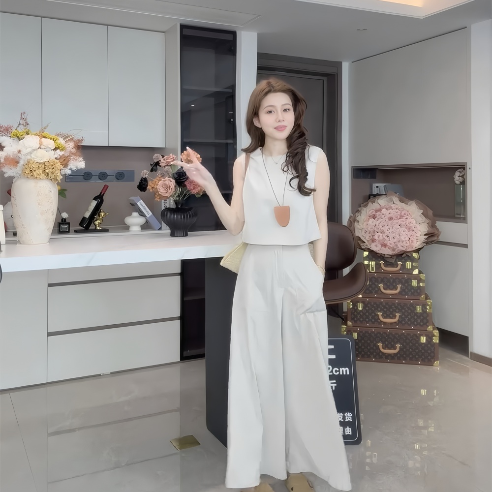 Commuting temperament tops sleeveless wide leg pants 2pcs set
