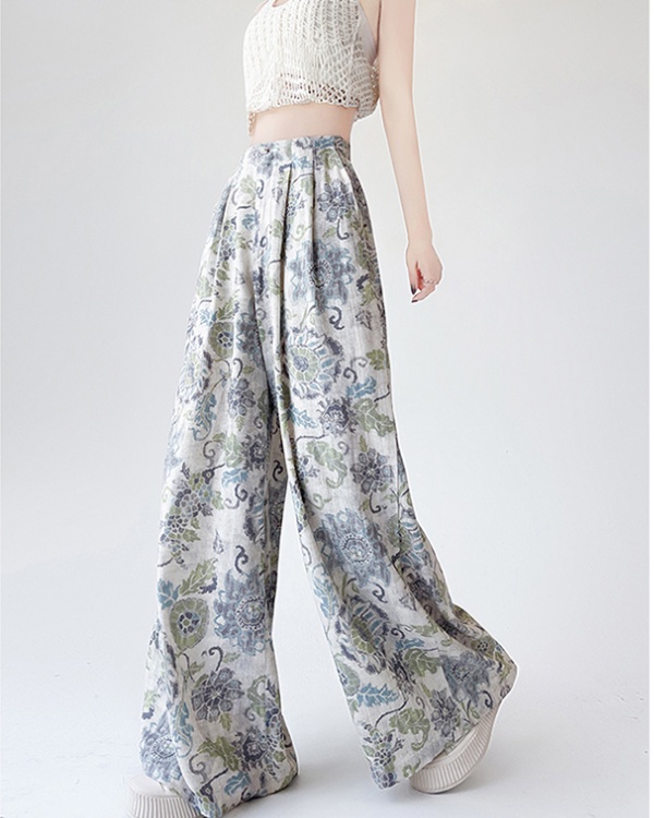 Cotton linen printing suit pants loose wide leg pants