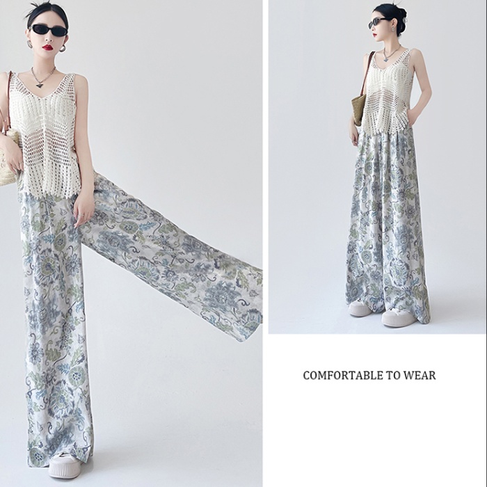 Cotton linen printing suit pants loose wide leg pants
