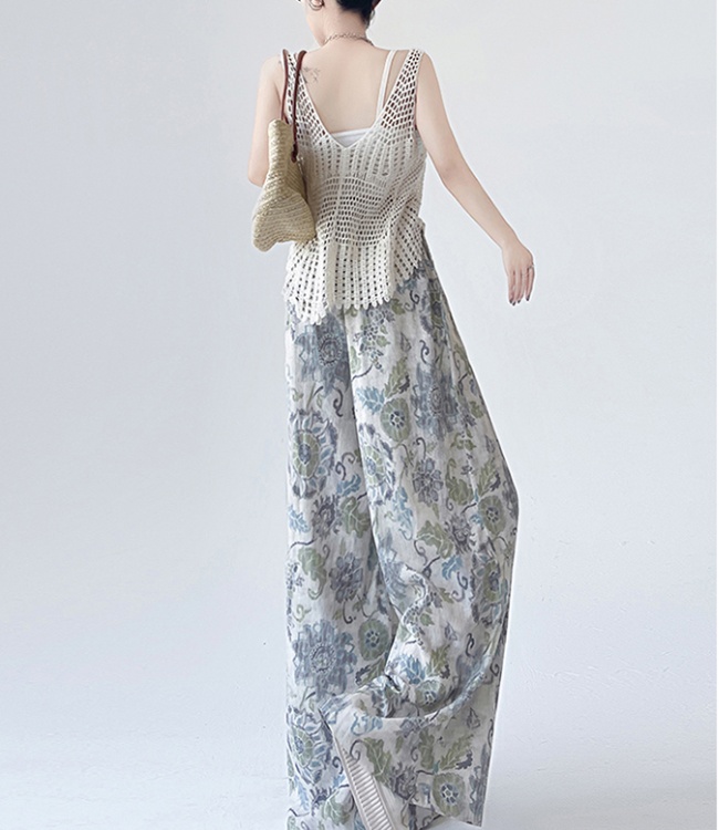 Cotton linen printing suit pants loose wide leg pants