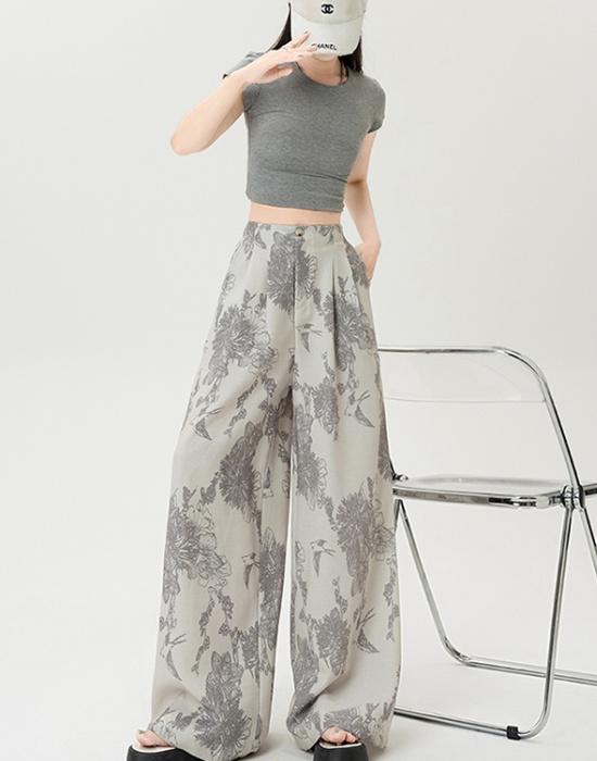 Cotton linen printing suit pants loose wide leg pants