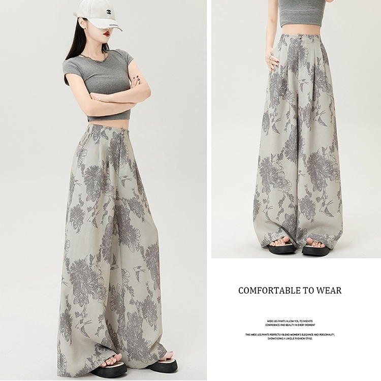 Cotton linen printing suit pants loose wide leg pants