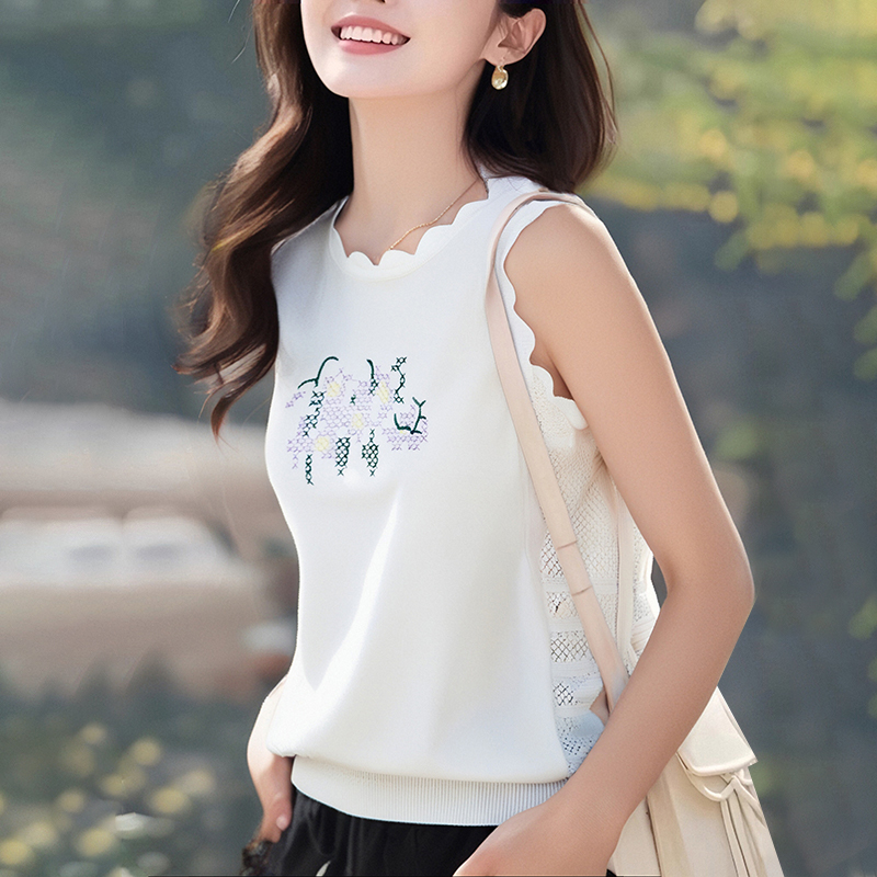Hollow knitted sleeveless embroidery summer tops for women