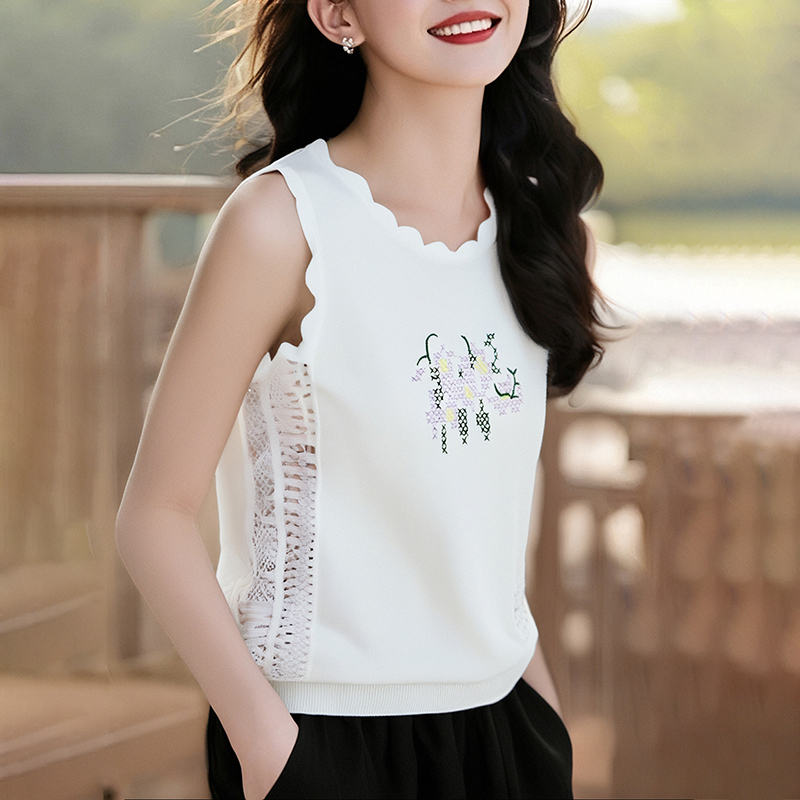 Hollow knitted sleeveless embroidery summer tops for women