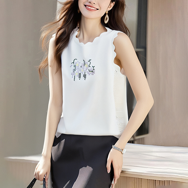 Hollow knitted sleeveless embroidery summer tops for women