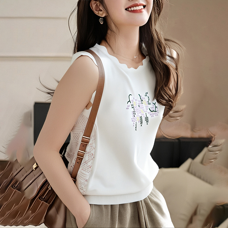 Hollow knitted sleeveless embroidery summer tops for women