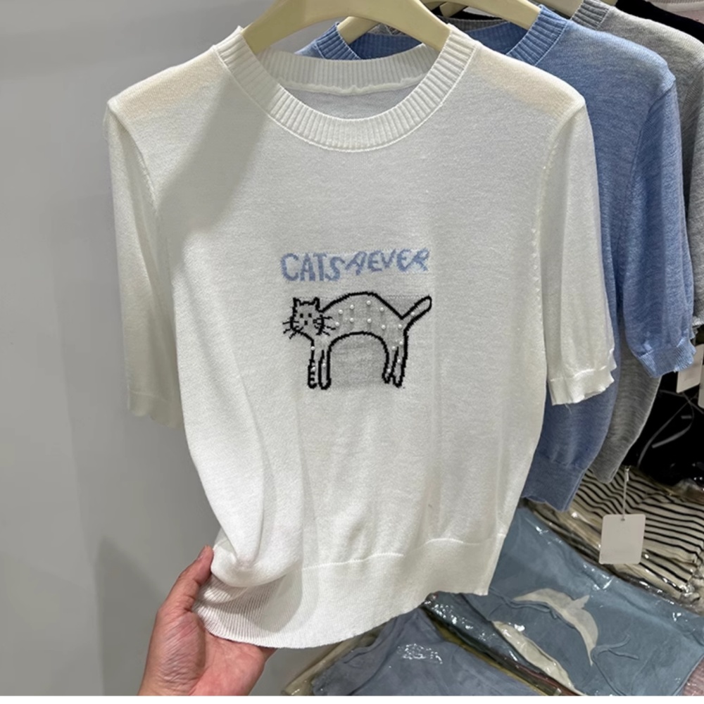 Beading letters T-shirt puppy France style tops for women
