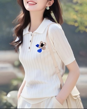 Summer lapel jacquard knitted hollow breathable tops