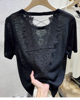 Light slim hollow tops knitted ice silk summer T-shirt