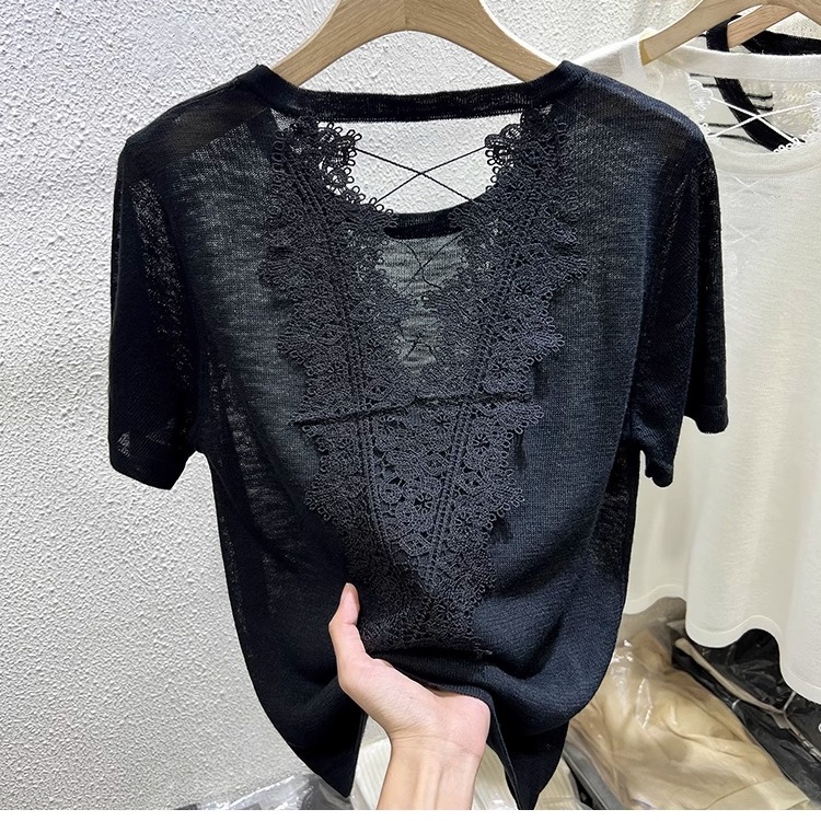 Light slim hollow tops knitted ice silk summer T-shirt