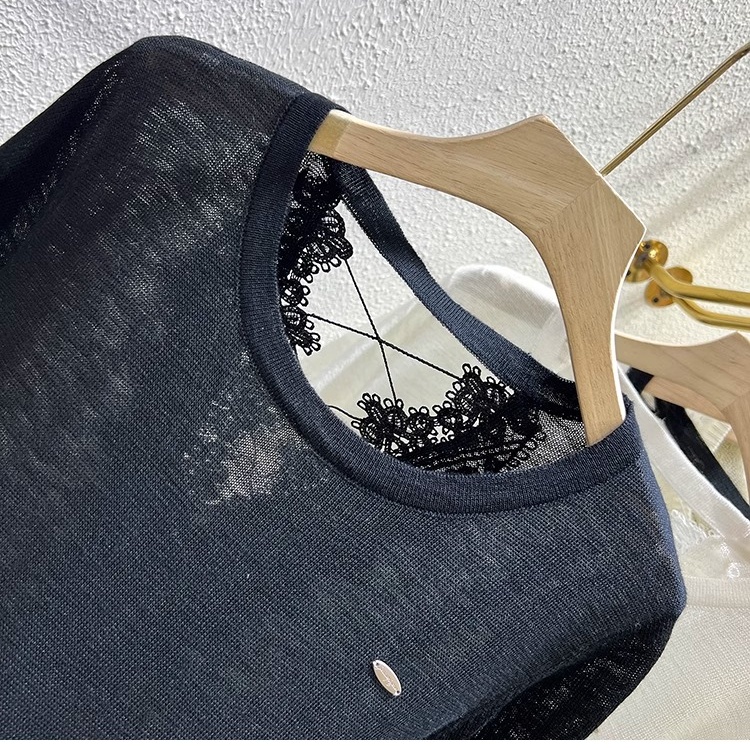 Light slim hollow tops knitted ice silk summer T-shirt