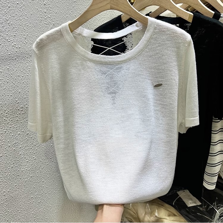 Light slim hollow tops knitted ice silk summer T-shirt