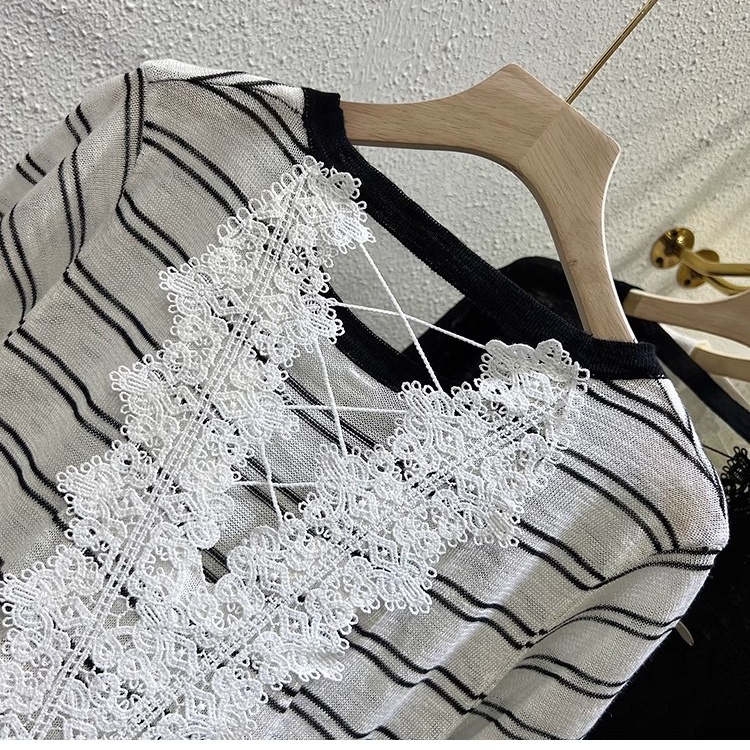 Light slim hollow tops knitted ice silk summer T-shirt