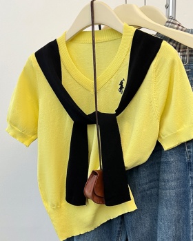 V-neck summer embroidery pony tops 2pcs set