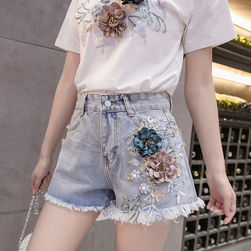 Embroidered T-shirt short jeans a set
