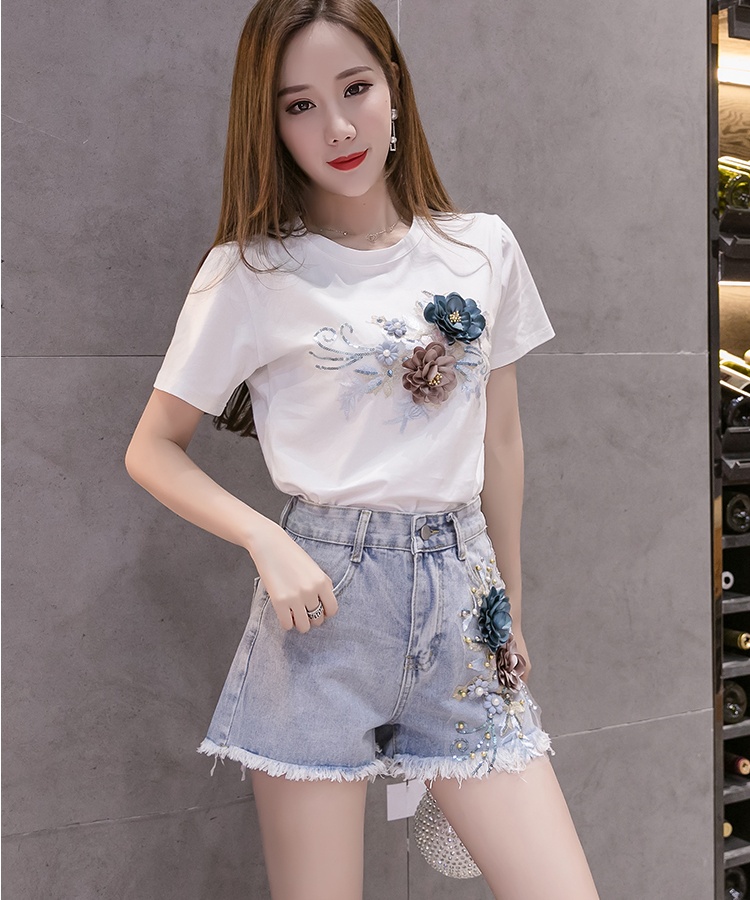 Embroidered T-shirt short jeans a set
