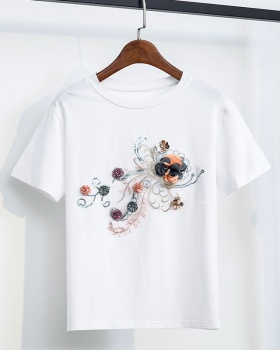 Flowers decoration short sleeve pure stereoscopic T-shirt