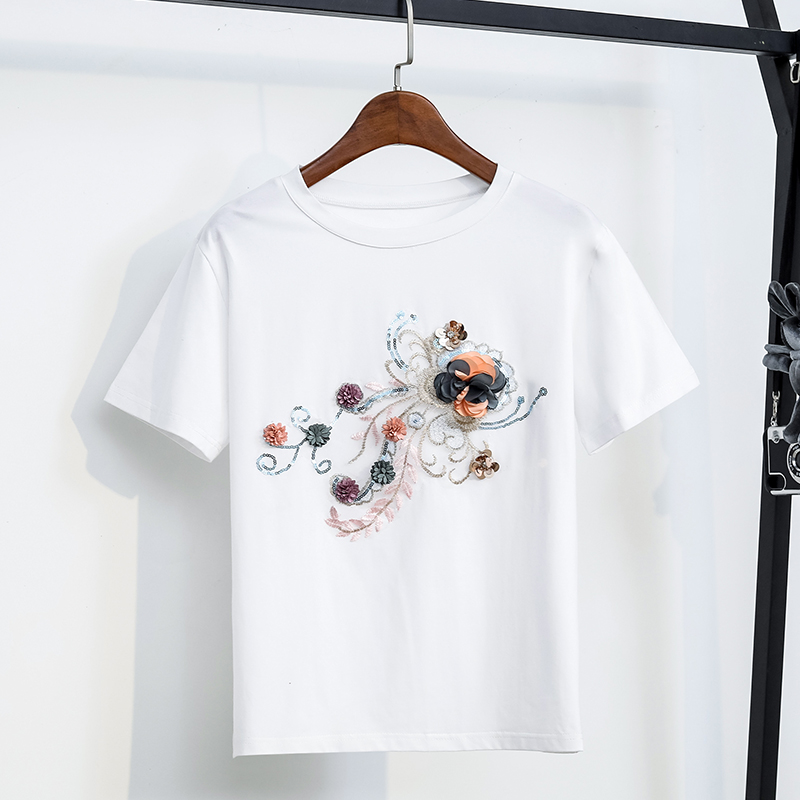 Flowers decoration short sleeve pure stereoscopic T-shirt