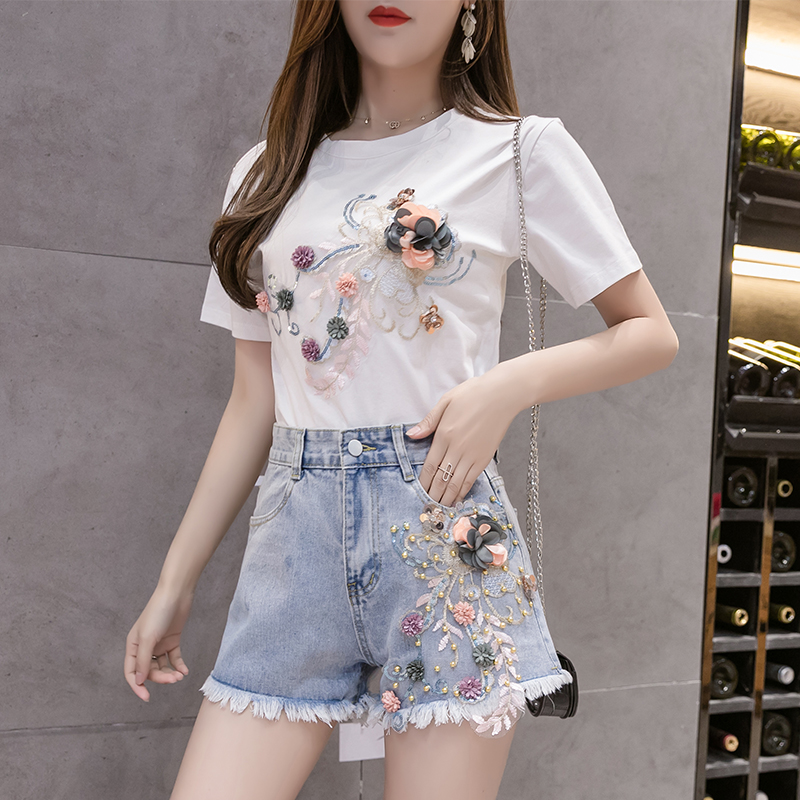 Flowers decoration short sleeve pure stereoscopic T-shirt