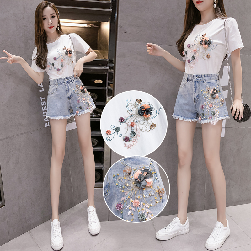 Short sleeve holes shorts denim summer T-shirt a set