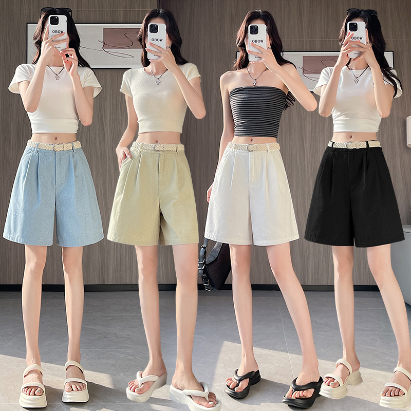 Flax wide leg shorts ice silk five pants for women
