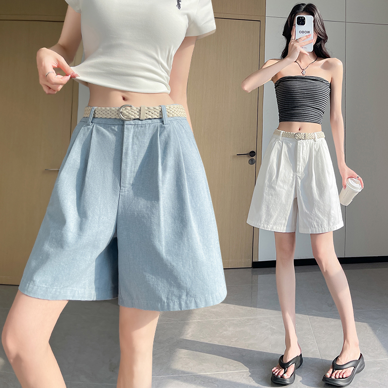 Flax wide leg shorts ice silk five pants for women