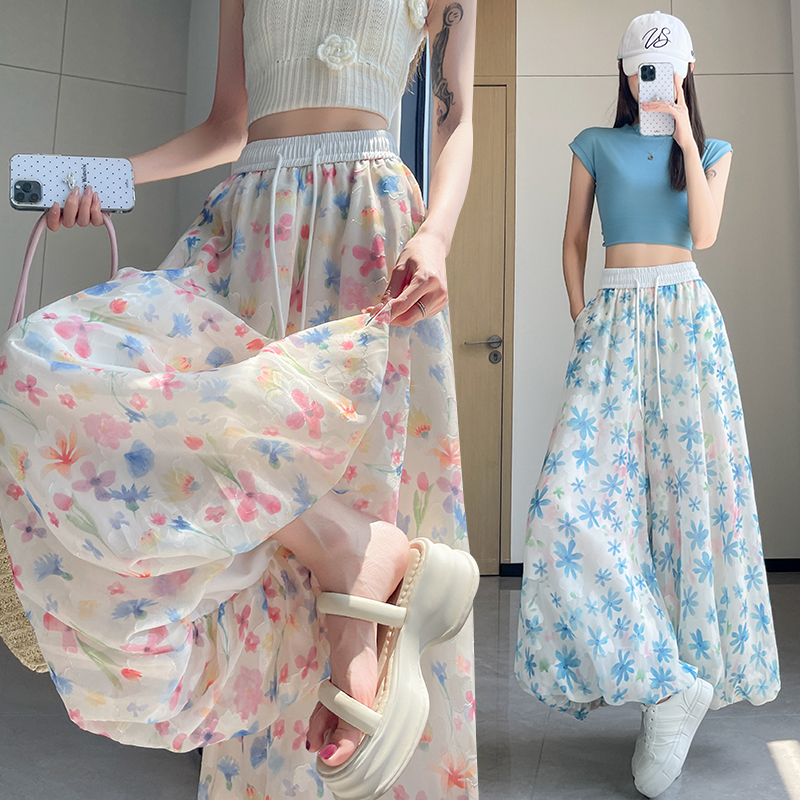Casual high waist small lantern culottes colors thin wide leg pants