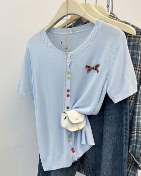Colors bow knitted cardigan summer breasted T-shirt