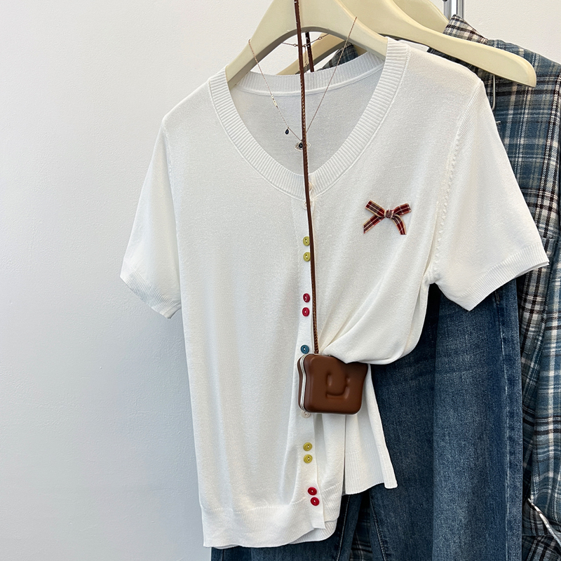 Colors bow knitted cardigan summer breasted T-shirt
