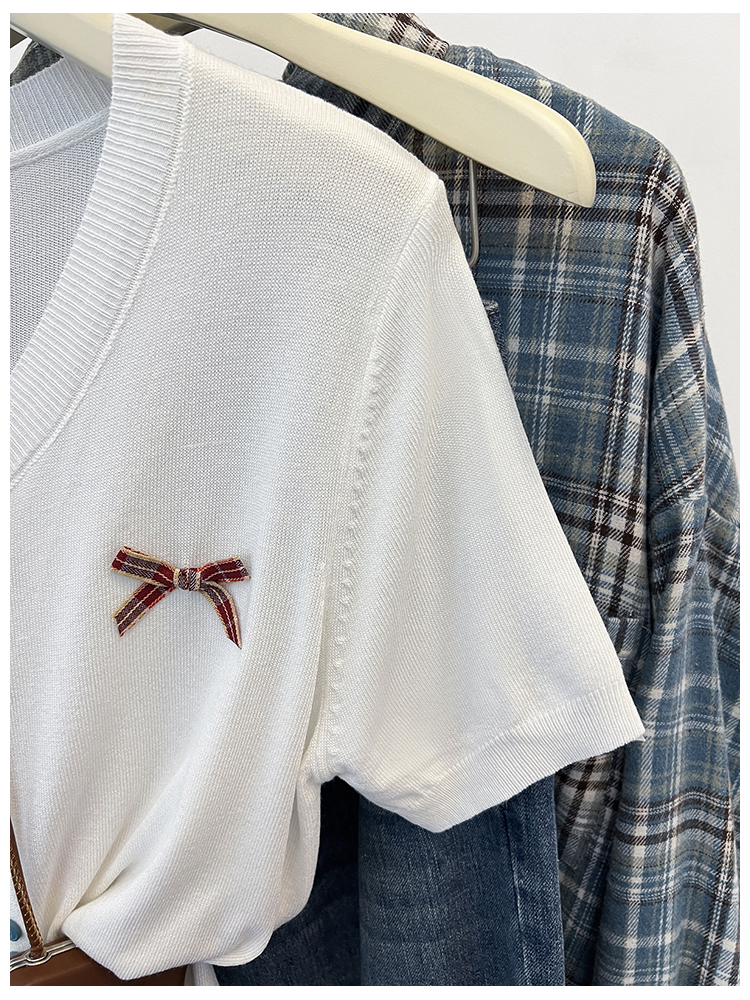 Colors bow knitted cardigan summer breasted T-shirt