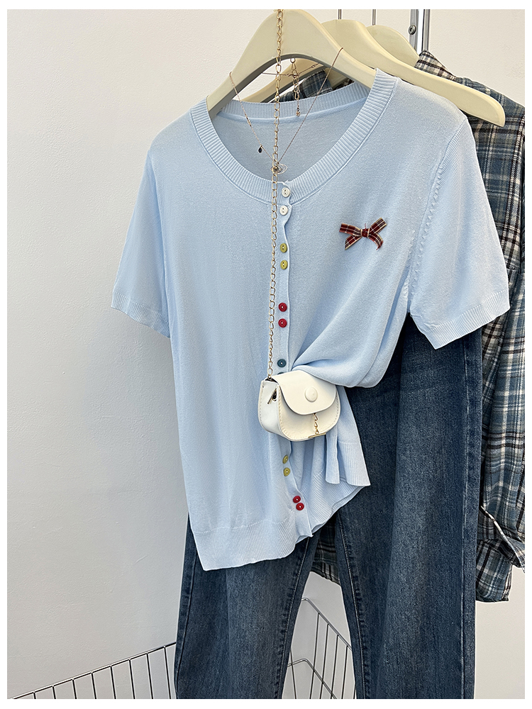 Colors bow knitted cardigan summer breasted T-shirt
